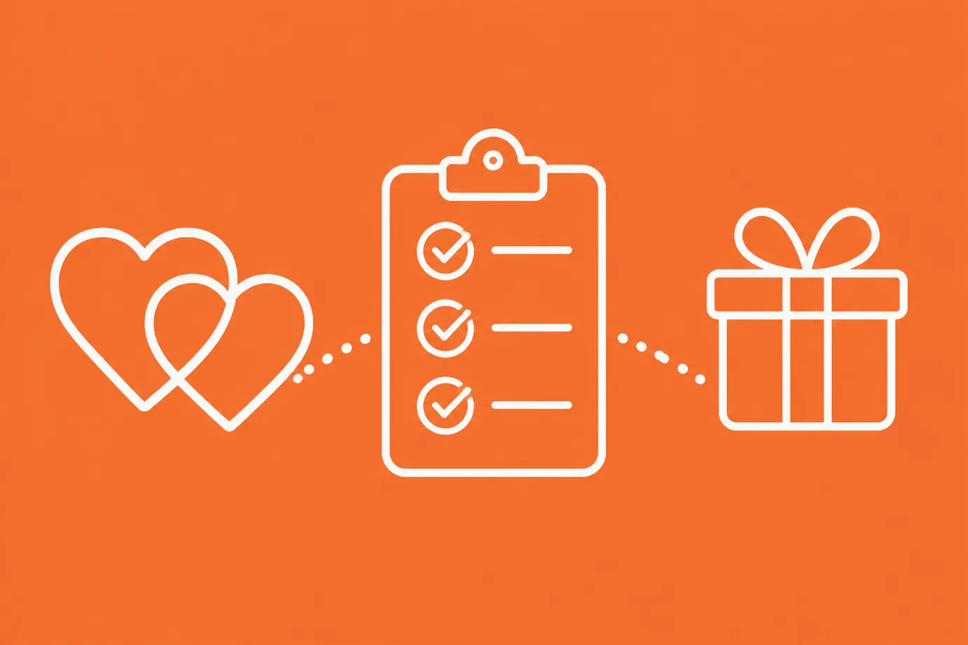 Flat line illustration of hearts, a checklist and a gift