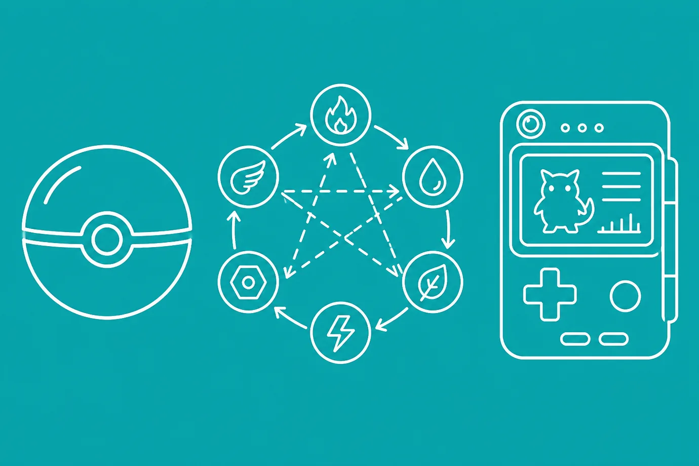 Flat line illustration of a Pokéball and type-matchup diagram