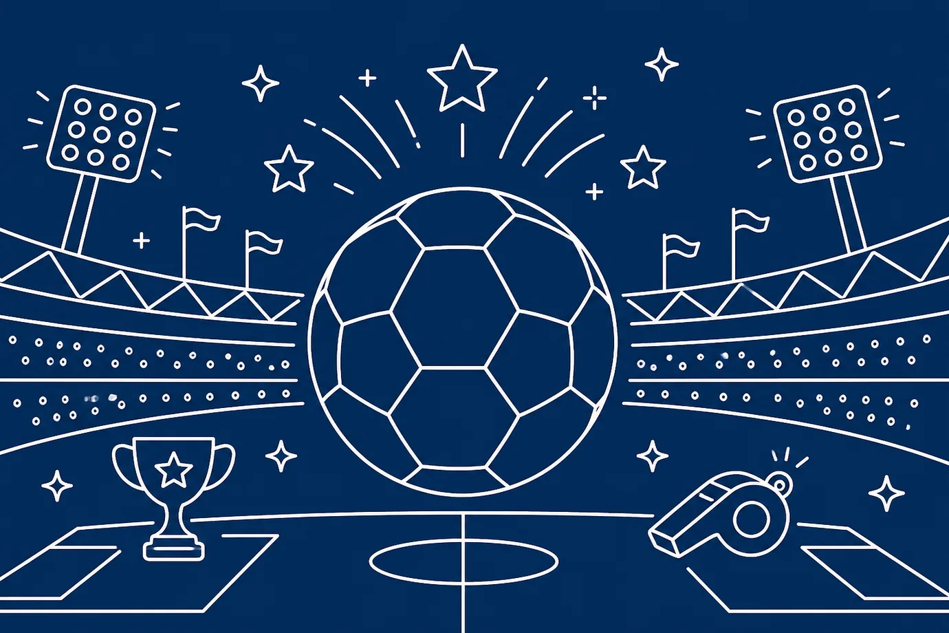 Flat line illustration of a football above a stadium